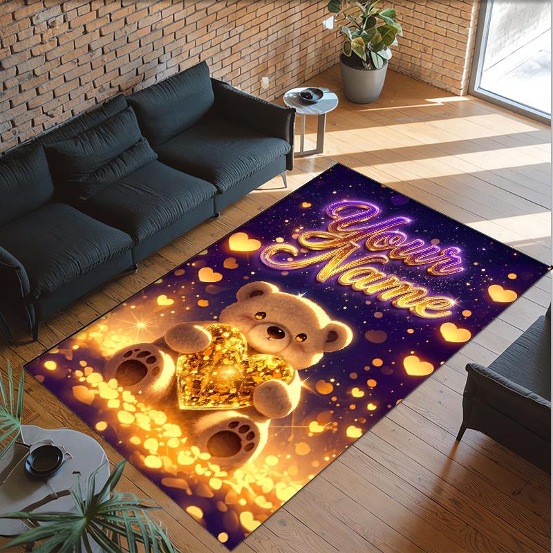 Teddy Bear Theme Crystal Velvet Rug Personalized Custom Name Text Soft Floor Mat Home Decor