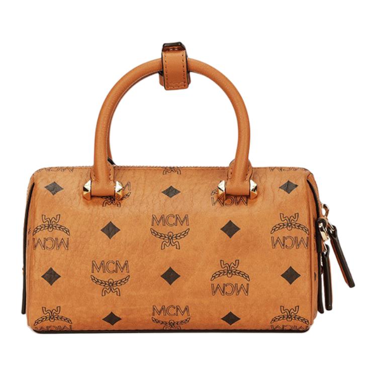 MCM Мини-сумка Boston Visetos из коньячной кожи с золотой фурнитурой для повседневного использования