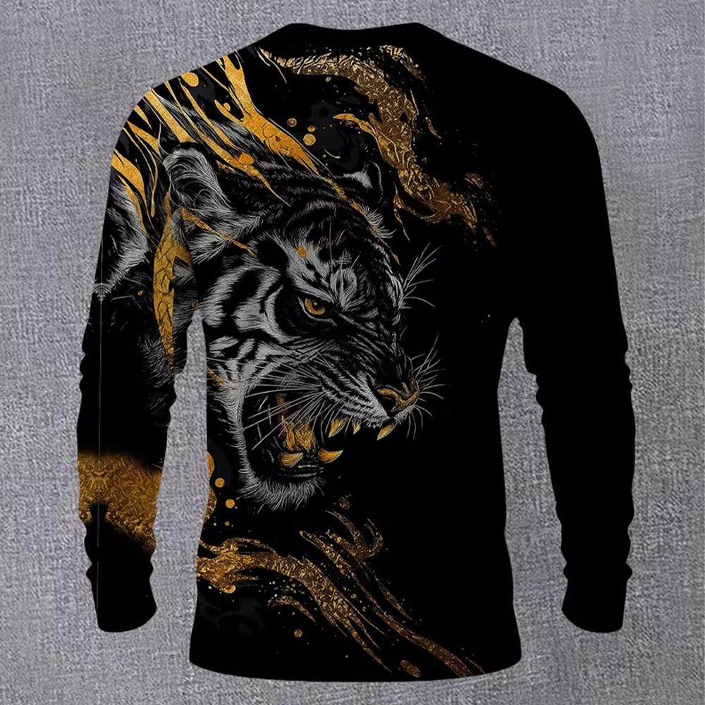 Золотая Свирепая Тигрица 3D Печать Футболка с Длинным Рукавом Streetwear Круглый Вырез Повседневная Базовая Футболка Мужская Хип-Хоп Мода Футболка с Графикой Животного