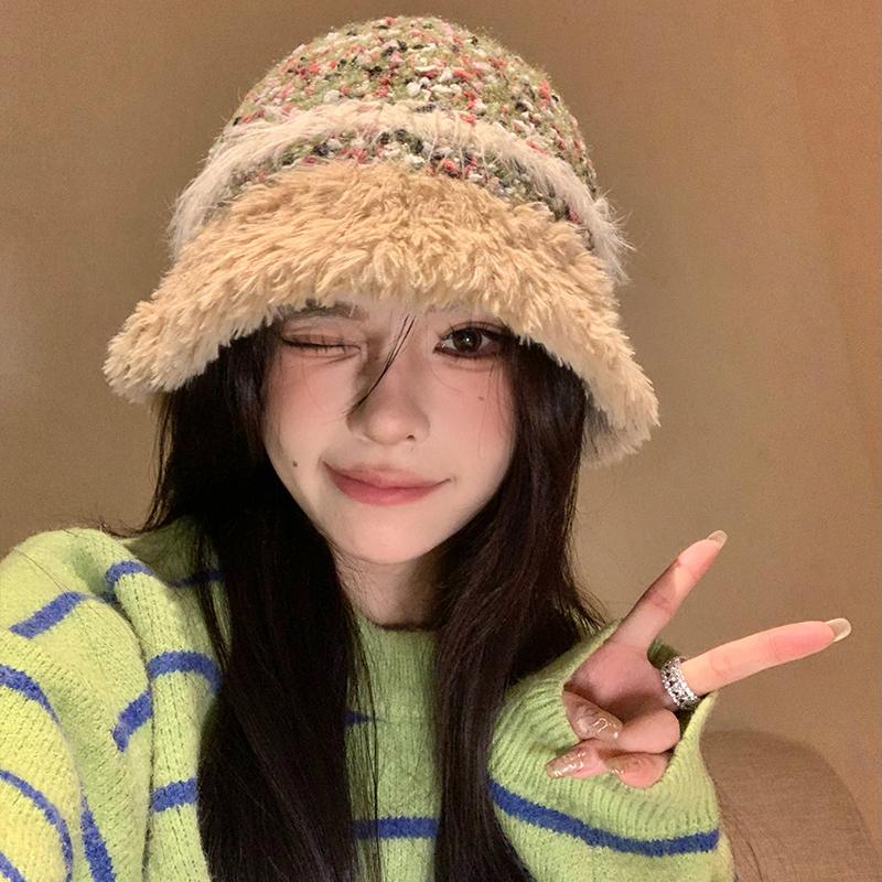Autumn and Winter New Plush Warm Fisherman Hat Children Color Matching Basin Hat Outdoor Travel Show Face Bucket Hat Tide