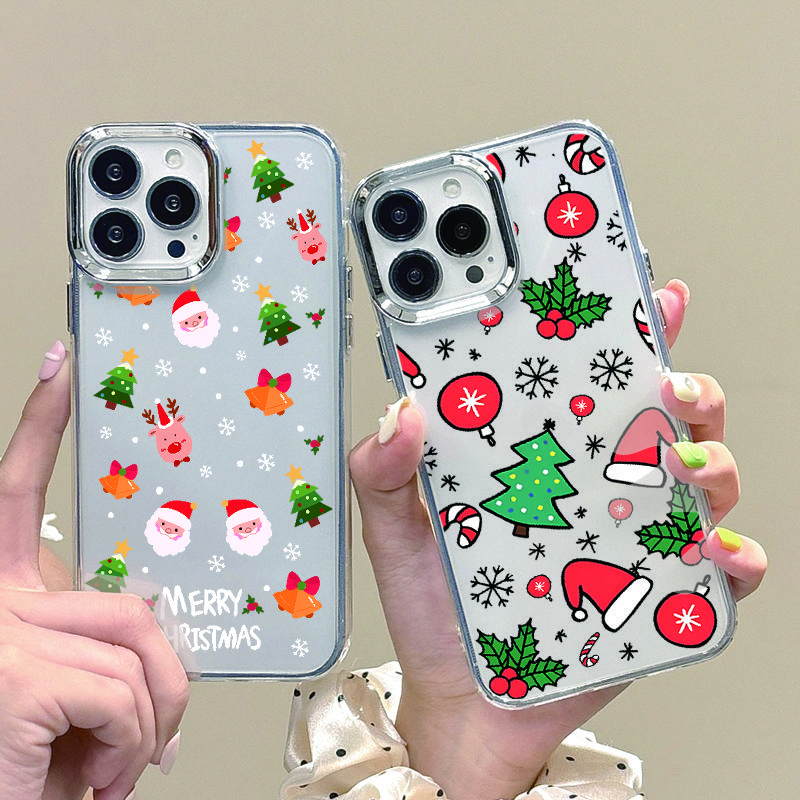 Милый чехол для телефона Merry Christmas Santa для iPhone 16 Pro Max 15 Pro 14 13 12 11 с рисунком снеговика и лося, мягкий, тонкий, ударопрочный, прозрачный чехол для защиты линз