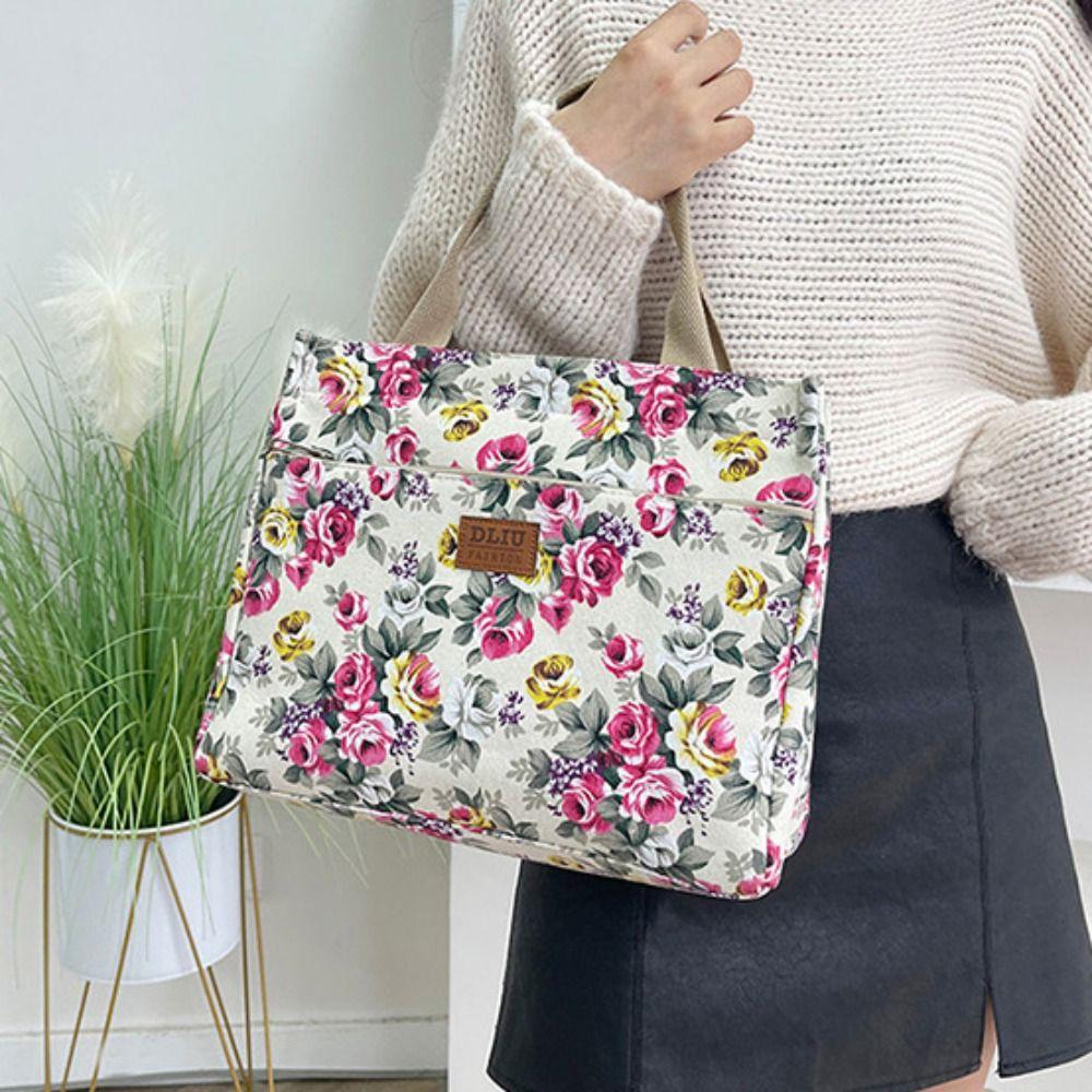Large Capacity Casual Handbag Zipper Canvas Lunch Bag Portable Floral Print Tote Bag Picnic