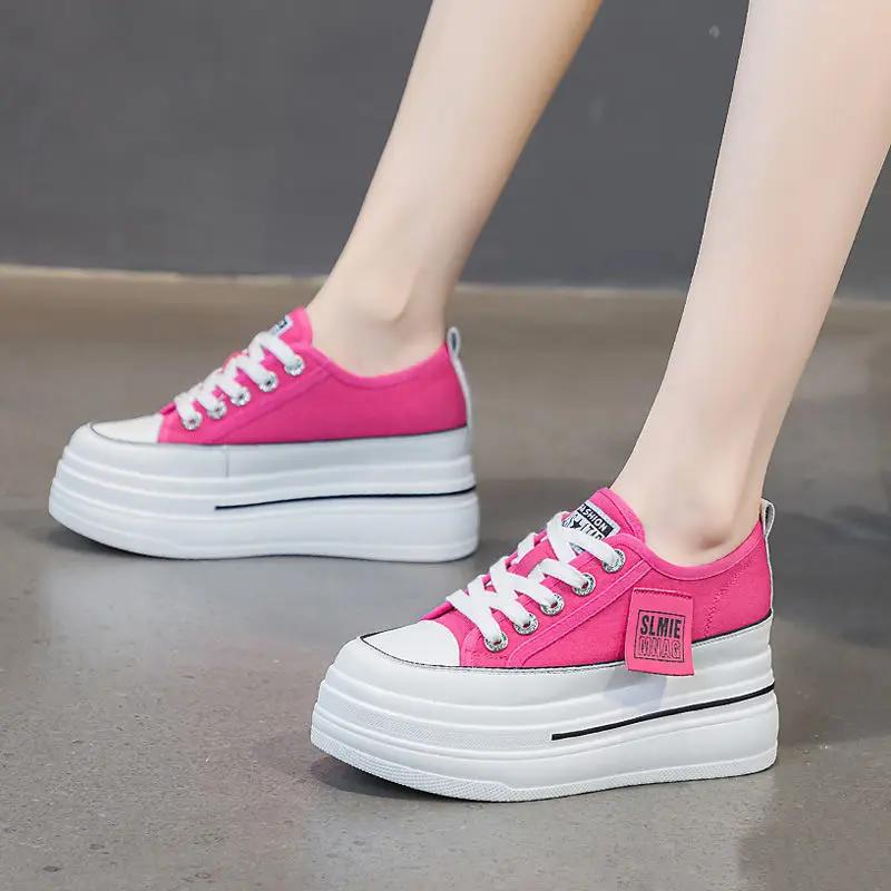 Массивные розовые парусиновые повседневные туфли на толстой подошве, дышащие, удобные кроссовки весна-лето, женская мода, увеличивающая рост обувь