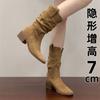 Retro Inner Heightening Thick Heel Soft Surface Martin Boots Autumn New Khaki Stacking Boots Cowboy Boots Women