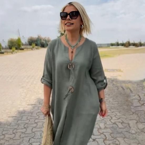 Женское платье с v-образным вырезом и пуговицами, декор с длинными рукавами, свободное однотонное платье размера плюс до середины икры, простой стиль, повседневное платье миди