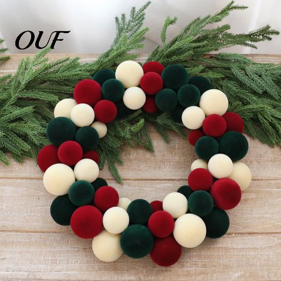 Cozy Winter Holiday Ornament Christmas Pom Wreath for Front Door, Red Green White Velvet Premium Festive Room Decoration Flocking Hanging Party,