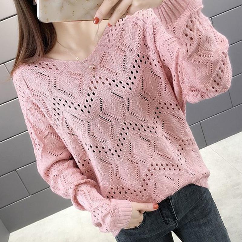 Hollow Women's Knitwear Spring and Autumn Style V-neck Loose Bottoming Shirt Short Long-sleeved Sweater Coat