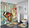 Butterfly Flower Printed Bathroom Shower Curtain Set Waterproof Shower Curtain Anti-Skid Rugs Carpet Toilet Lid Cover Bath Mat