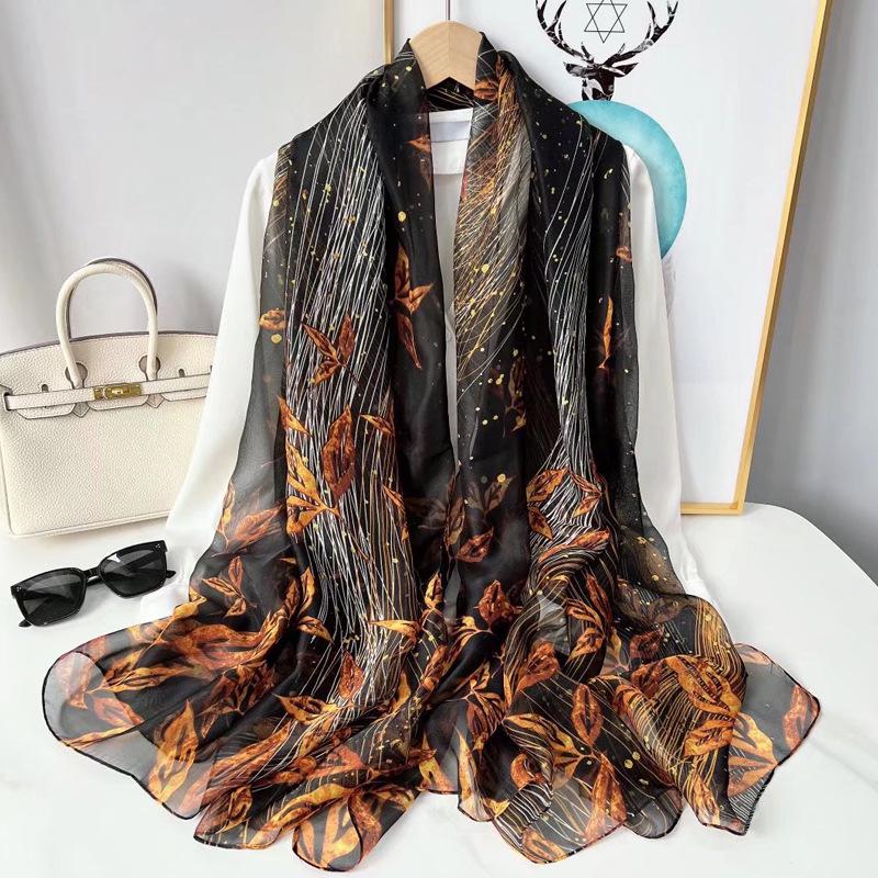 Women's Long Printed Silk Scarf - Ultra-Thin, All-Season, Middle-Aged Mother Style