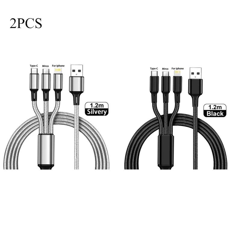1-4Pcs 3 In 1 USB Charger Fast Charging Cable Type C Micro IOS Multi Charger Cable for iPhone Huawei Samsung Nylon Braided Cord