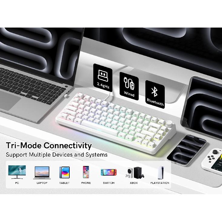 Womier L75 White Crystal Wireless Gaming Keyboard Tri-Modes Hot-Swappable Customized RGB Backlight Mechanical Keyboard Gasket