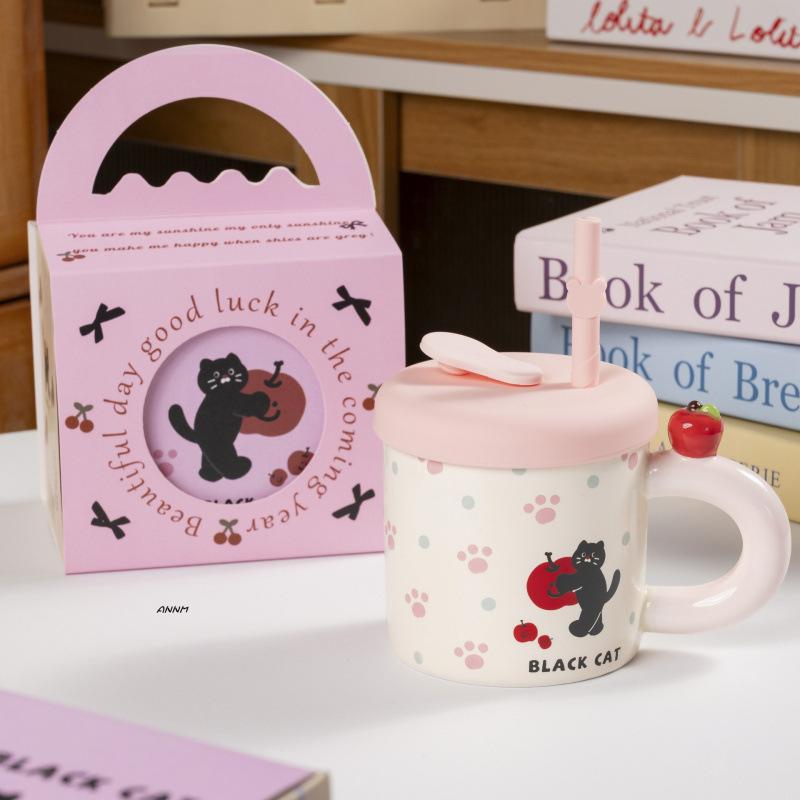 Сувенирная кружка-яблоко высокой ценности с крышкой, подарочная коробка, бытовая чашка для воды, милая кружка с соломинкой, керамическая кофейная чашка