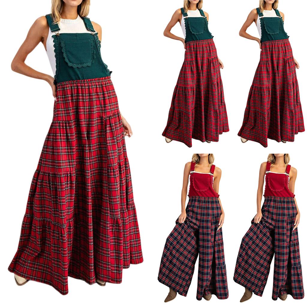 Women's Fashion Ruffled Pocket British Vintage Check Wide-Leg Colour-Blocking Suspender Jumpsuit