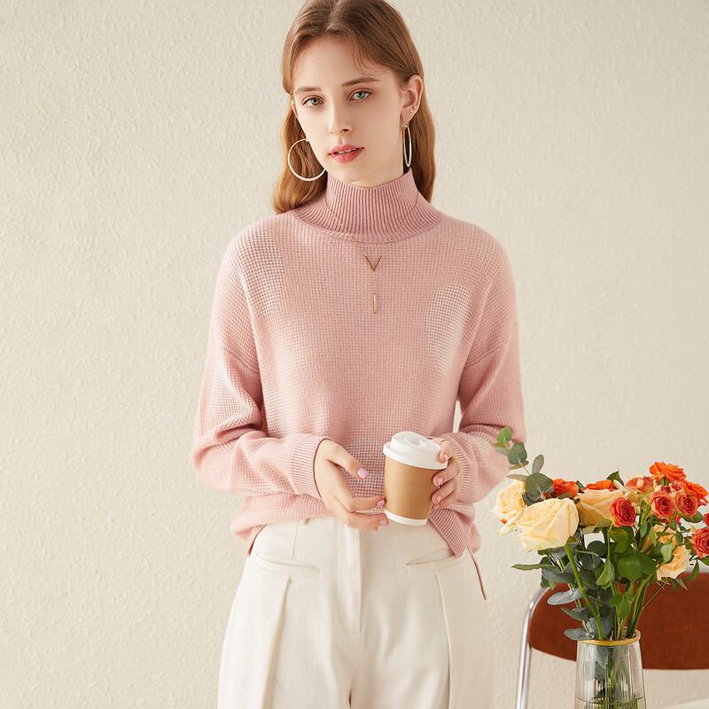 TUHUANG Women's Thickened Pure Wool Color-Block Semi-High Collar Knit Sweater