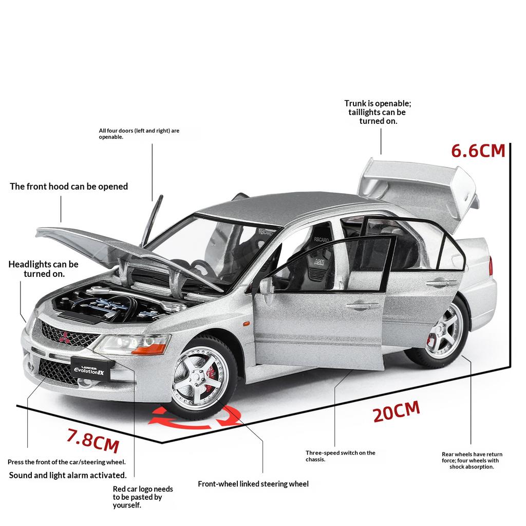1:24 Mitsubishi EVO9 street car version alloy die-cast car imitating real sound and light retro collection ornaments boy toy