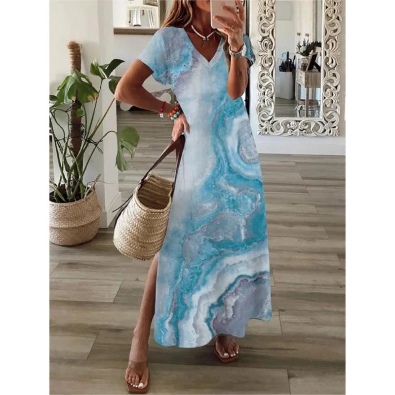 Summer Extra Long Dress Casual V-Neck Long Sleeve Bohemian Peacock Print Floral Dress