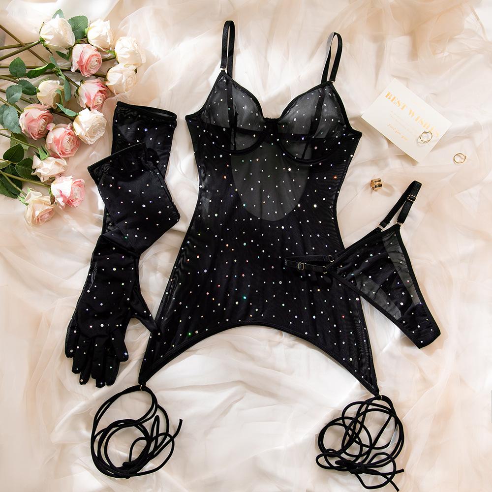 SINGREINY Polka Dot Print Underwear 3pcs Suits Fashion Strap Backless Club Shiny Sexy Suits Erotic Mesh Sheer Lingerie Sets