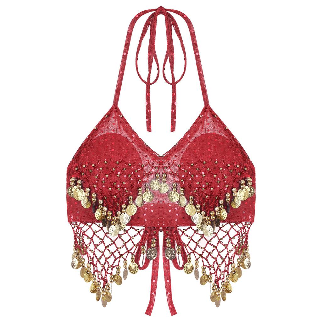Женский бюстгальтер-топ для танца живота с бретельками через шею, сетка из пайеток, пластиковые бусины, четкие кисточки, шнуровка, укороченный топ для танцев, костюм для выступлений