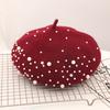 Women Beret Faux Pearl Rhinestone Decor Vintage English Style Woolen Hat No