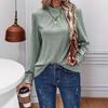 Ladies Autumn Winter Ruffles Jacquard Long Sleeve Stand Collar Solid Color Pullover  Shirt Top