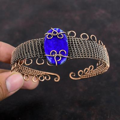 Браслет из лазурита, медная проволока, браслет-манжета, браслет из натурального драгоценного камня, регулируемый браслет ручной работы, уникальные медные украшения, подарок для нее