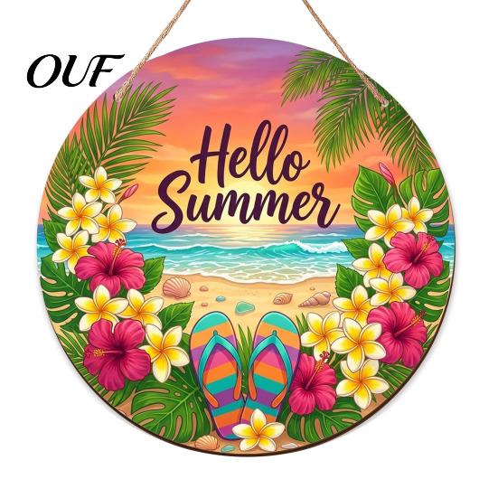Tropical Island Patio Signage Summer Wooden Hanging Sign, Beach Style Wall Decor with Hemp Rope, Flamingo Palm Leaf Art Indoor Outdoor Theme