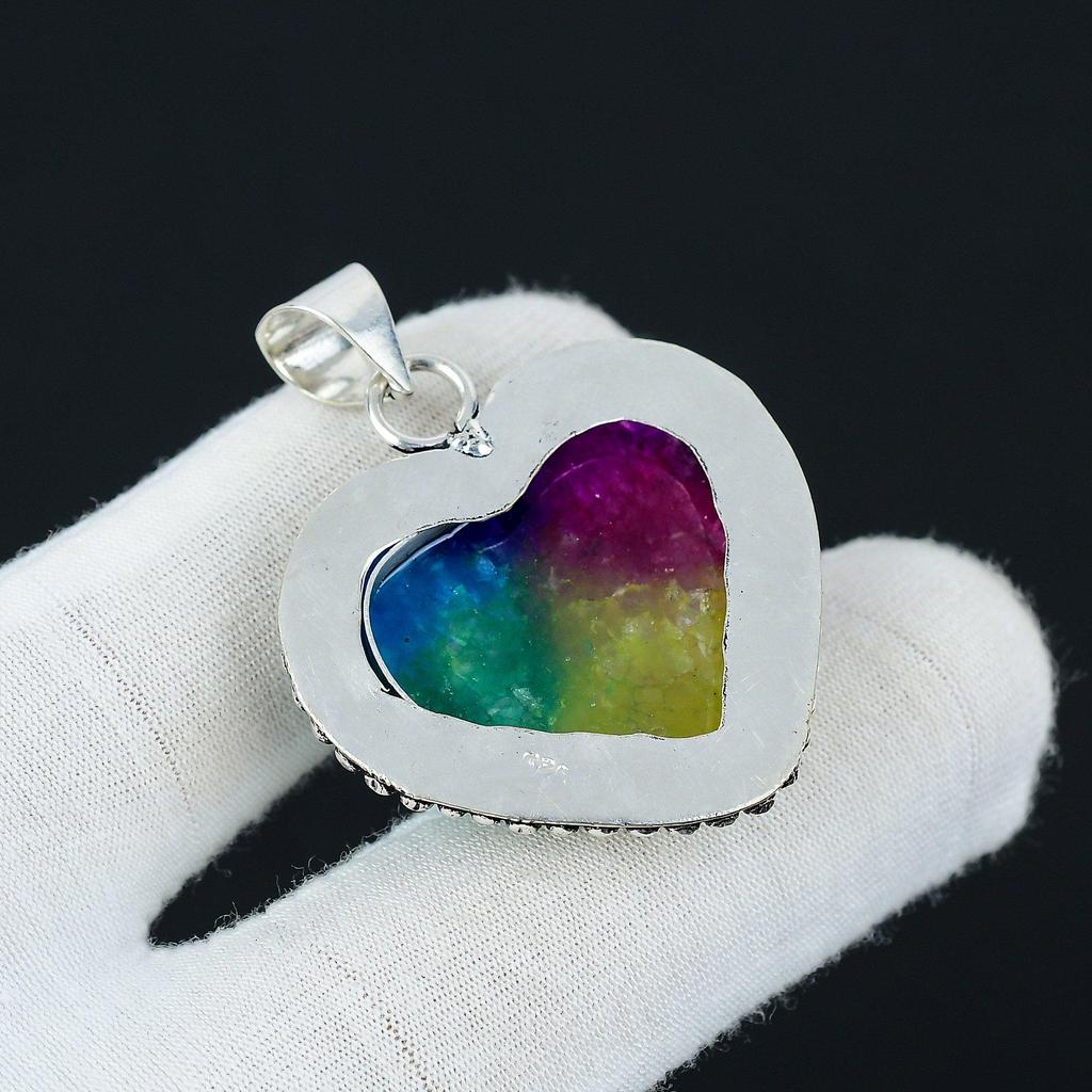 Heart Shape Rainbow Solar Quartz Gemstone Handmade Pendant, 925 Sterling Silver Pendant, Natural Rainbow Solar Pendant, Jewelry For Gift