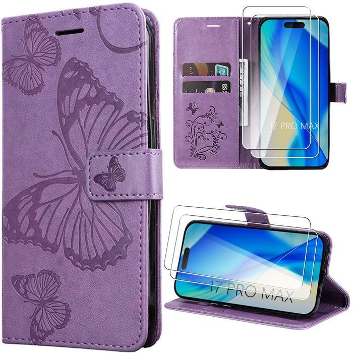 Coque pour iPhone 17 Pro Max, Protection Anti-Rayures Cuir PU Violet Motif Papillons + 2 Verres Trempés