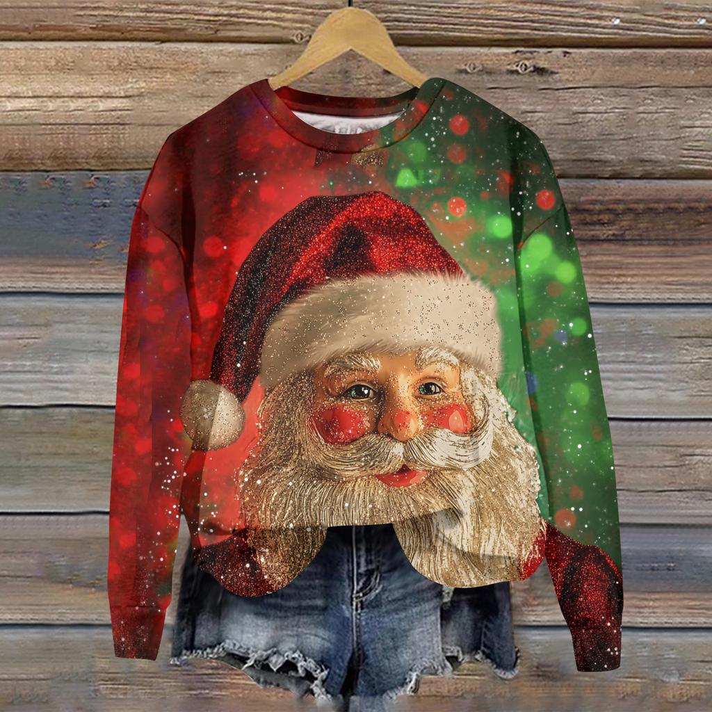 Ladies' Christmas Printed Casual Long Sleeved Round Neck Sports Hoodie Top