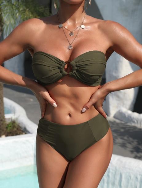 Elegant Two-Piece Swimsuit Khaki Green Bandeau Bikini