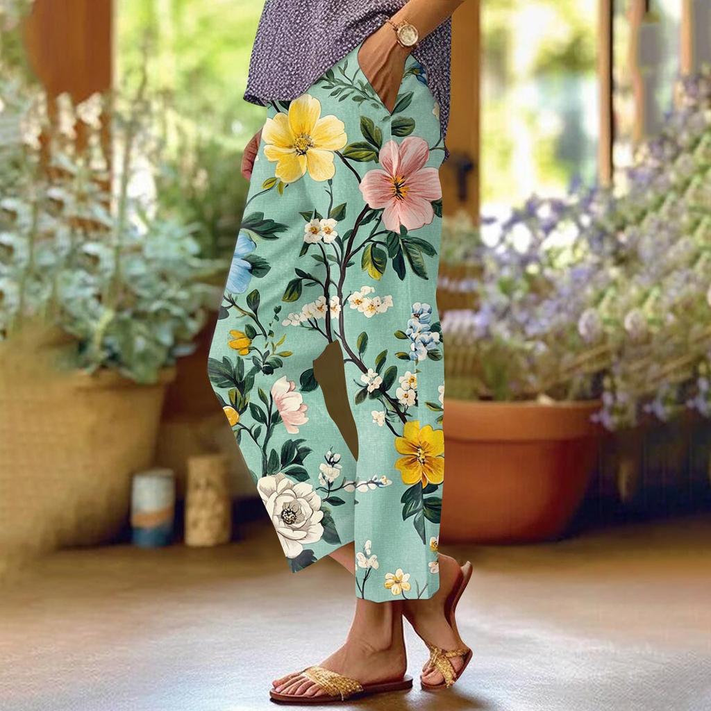 Women's Fashionable Floral Print Straight Leg Pocket Elastic Waist Casual Pants Pants
