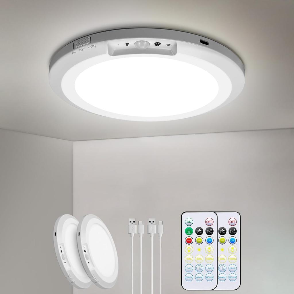Rechargeable Ceiling Light with Remote, 10000mAh, 1 Pack | Battery Operated Shower Light, Motion Sensor Closet Light, 5 Timer 3 Modes 3 Color 10