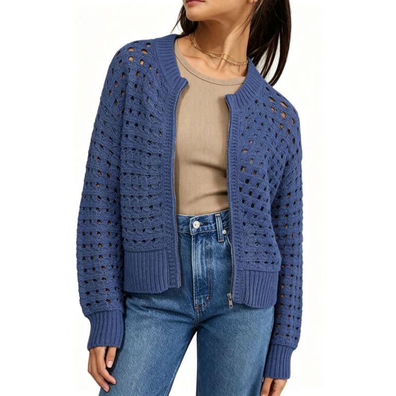 Women S Loose Zip Up Round Neck Long Sleeve Knit Sweater