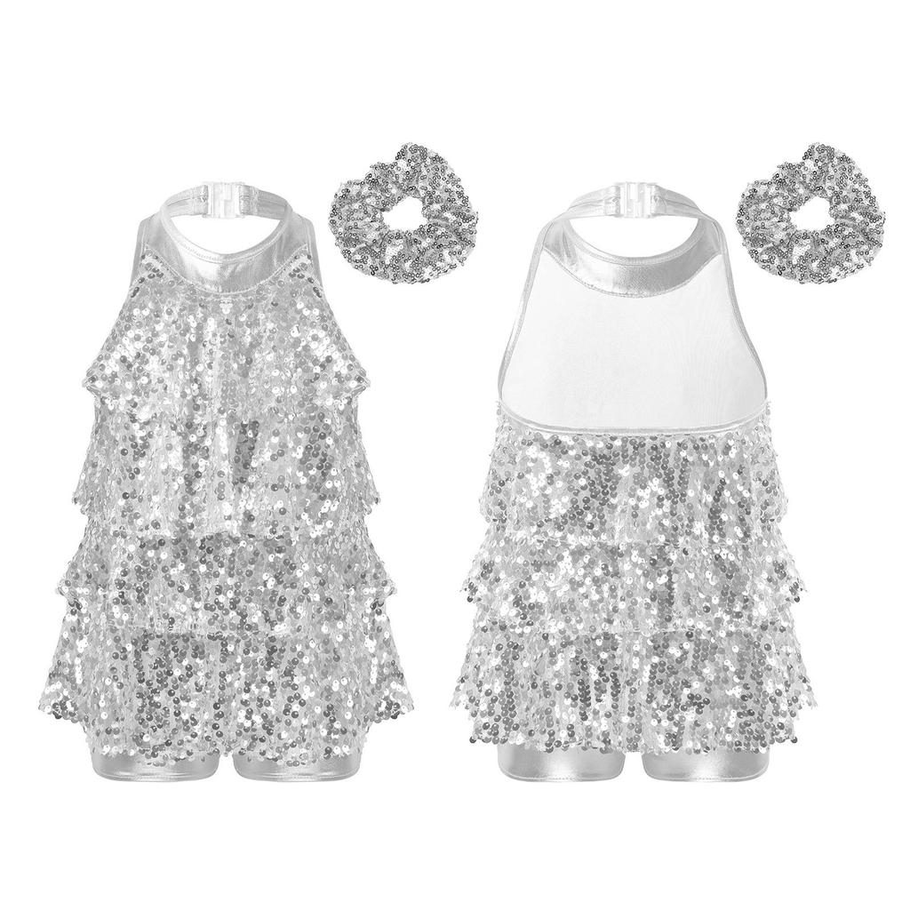 Kids Girls Shiny Sequined Dance Leotard Dress with Hair Band Jazz Latin Dance Performance Costume
