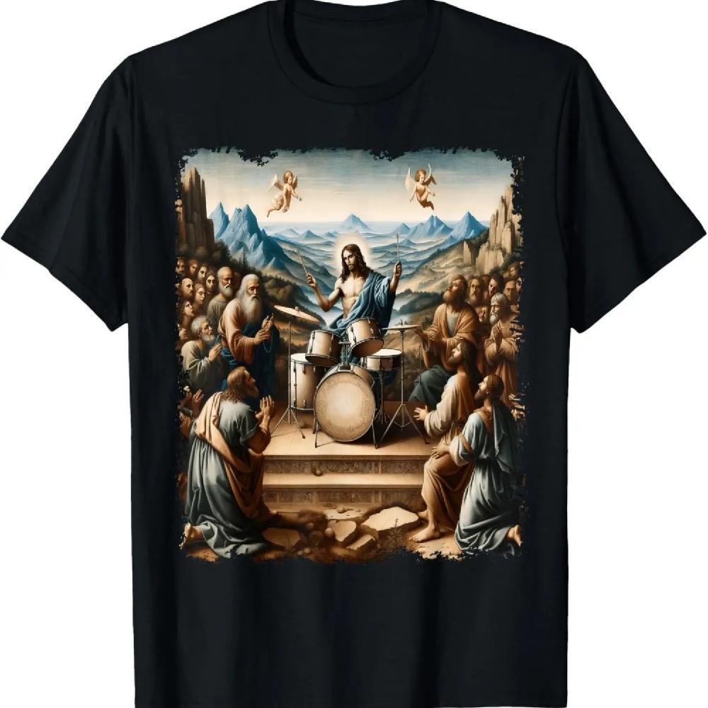Иисус, играющий на барабанах, забавная христианская футболка с рисунком барабанщика