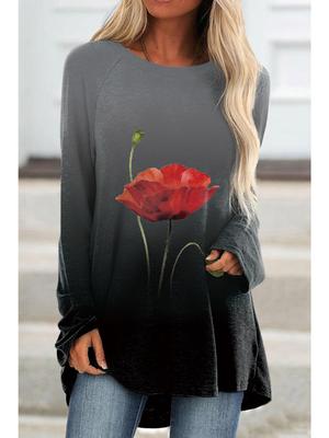 Женская футболка больших размеров с цветочным принтом, удобная, с длинным рукавом и круглым вырезом, повседневная, свободного кроя, средней длины