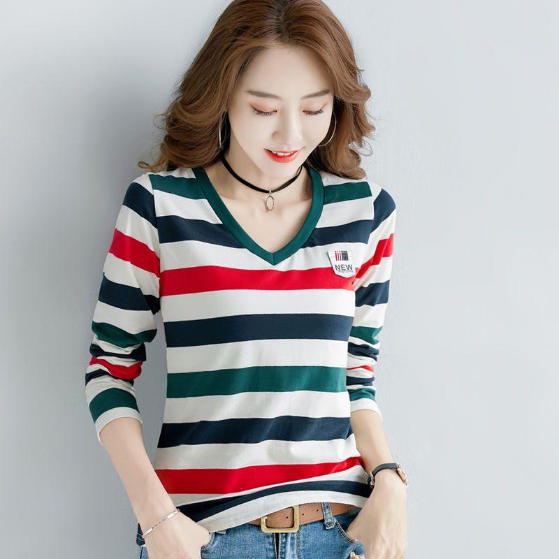 Long Sleeved T-shirt Women's Spring and Autumn Striped T-shirt Bottom Shirt V-neck Top