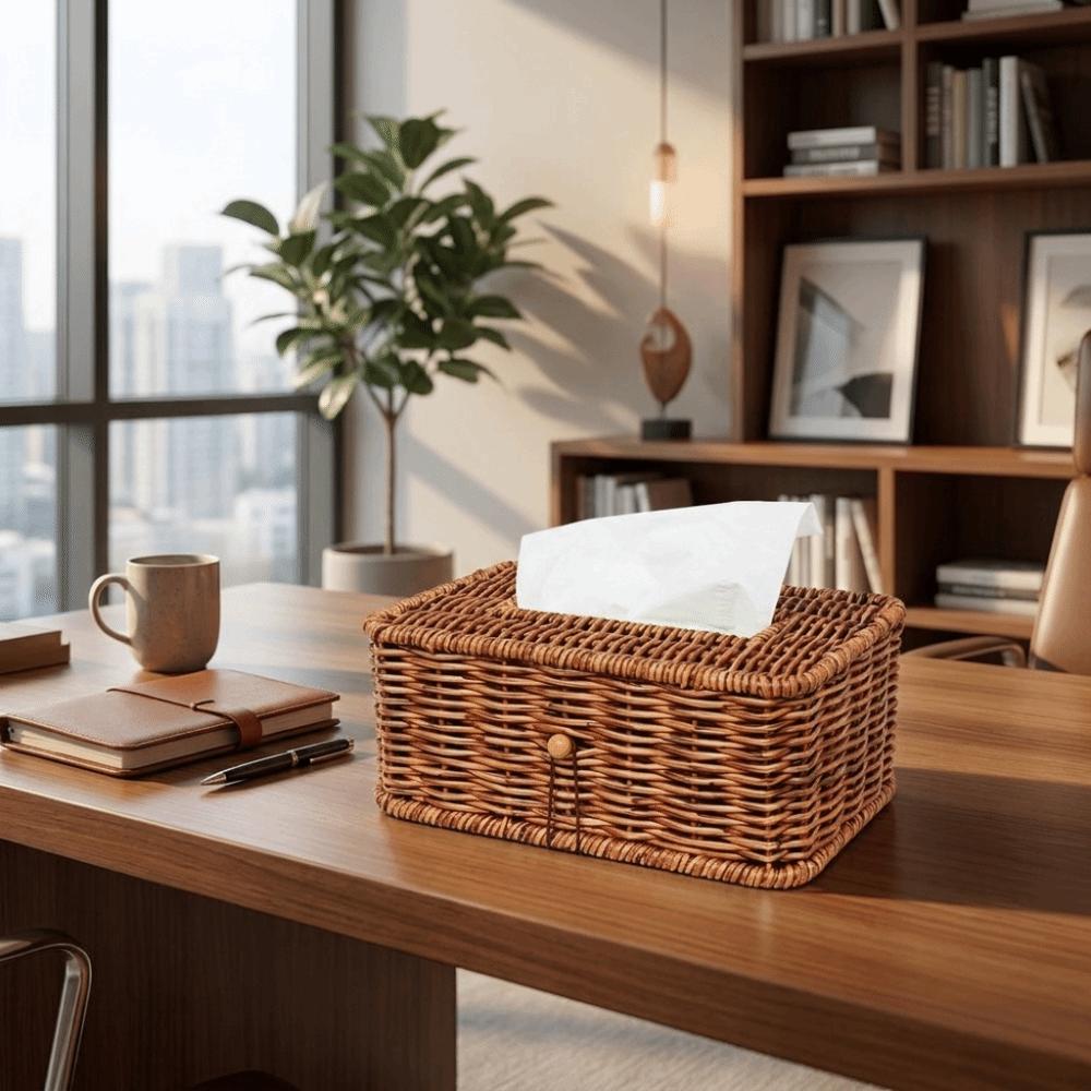 Vintage Imitation Rattan Tissue Box Rustic Napkin Holder Creative Desktop Tissue Holder Kitchen