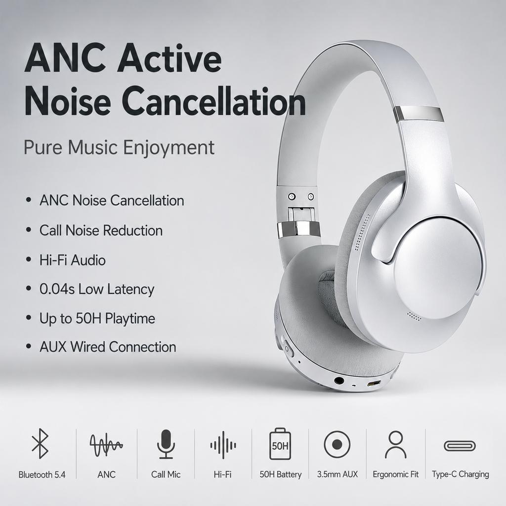 ANC Noise Cancelling Headphones Bluetooth Earphones Over-Ear Wireless Headset HiFi Stereo 50H Playtime 0.04s Latency AUX Call