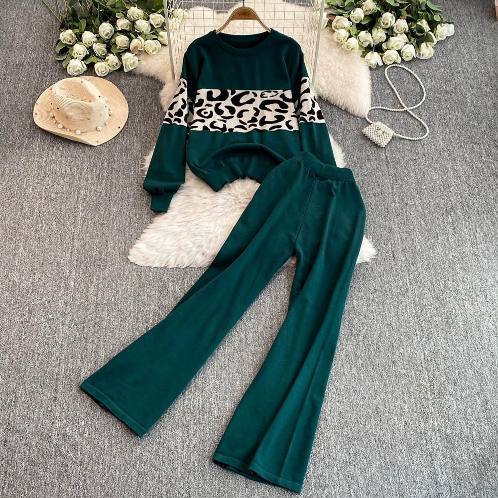 Autumn Winter Designer Print Leopard Knitted Sweater Trouser Two Piece Set Women O-neck Pullover Tops And Ankle Length Pants Suit