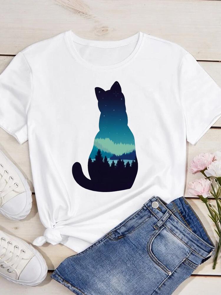 O Neck Tshirt Comfortable Cute Love Heart Cat Print Casual Short Sleeve Top Summer Women's Clothing Cartoon Streetwear