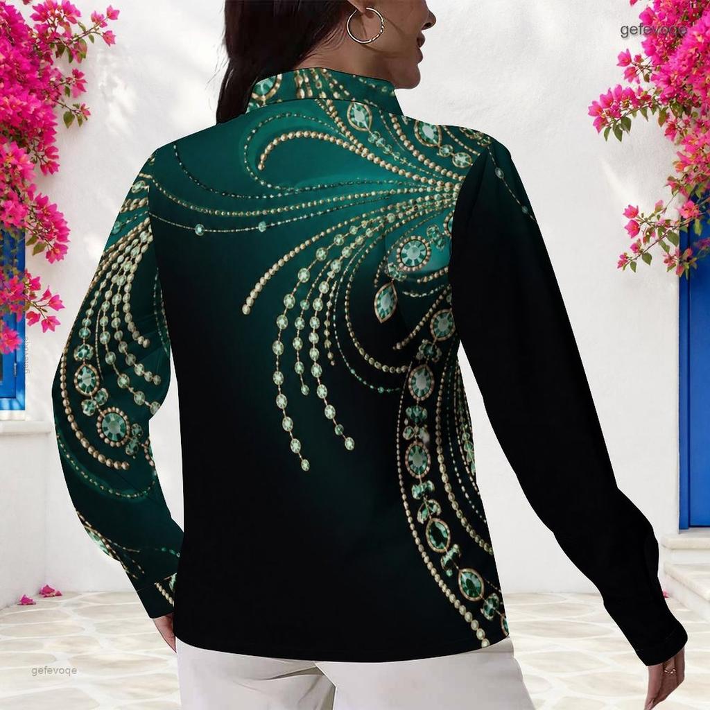 Women Plus Size Black Gold Geometric Printed Collared Long Sleeve Button Front Shirt