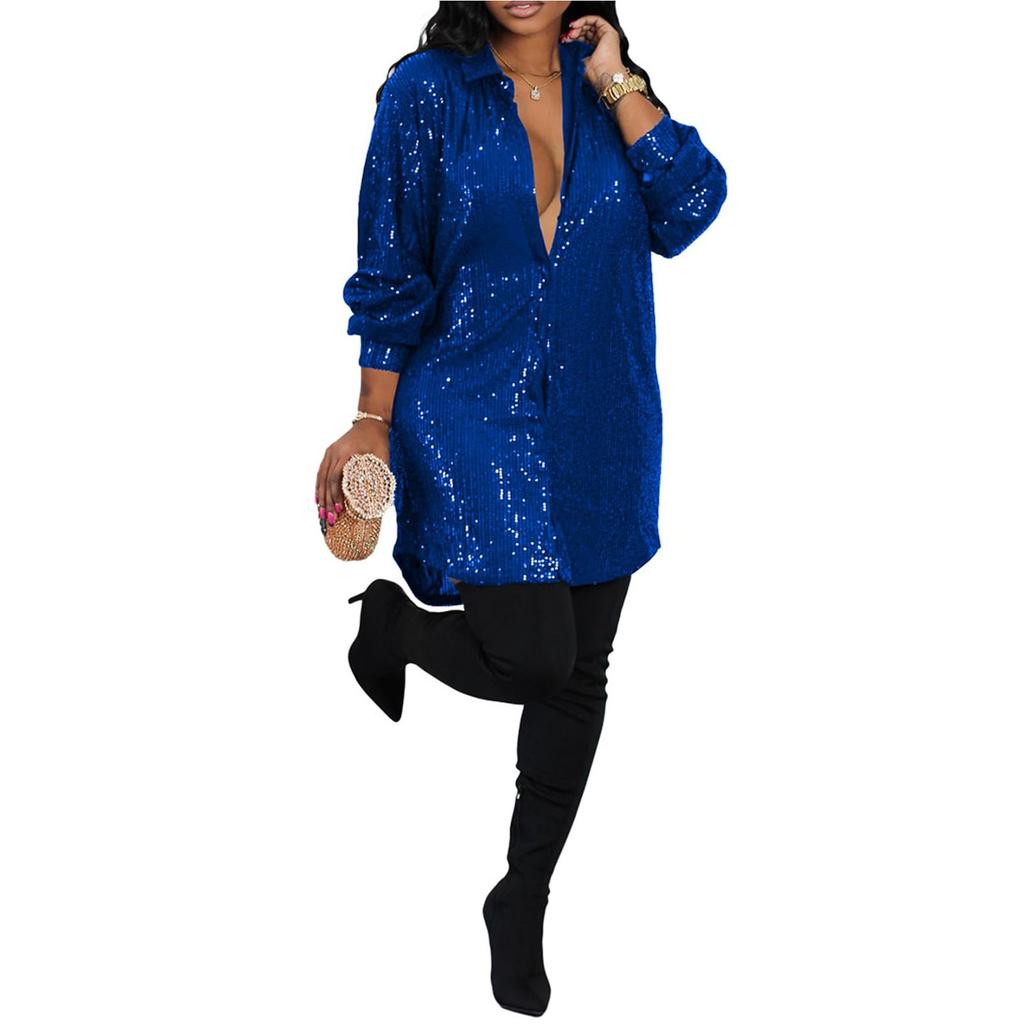 Женское свободное платье-рубашка на пуговицах с пайетками и длинными рукавами для вечеринок и клубов