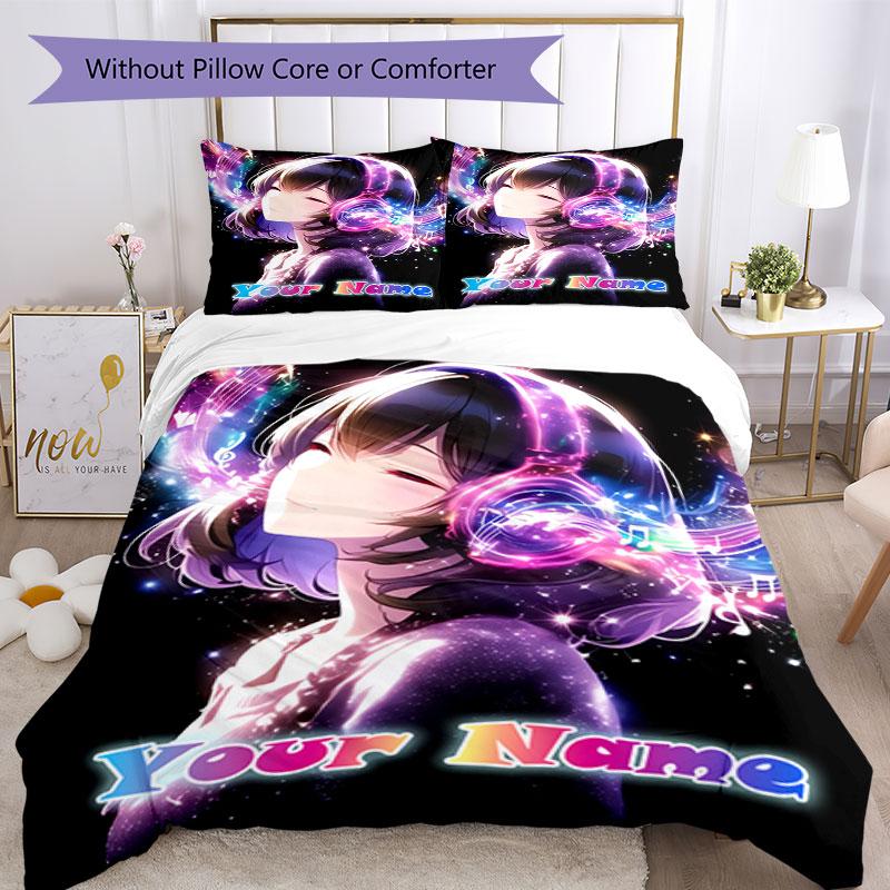 3pcs Custom Name Music Dreams Neon Bedding Set Printed Bedding Set Duvet Cover Closure Includes 1 Duvet Cover & 2 Pillowcases Bedroom Decor