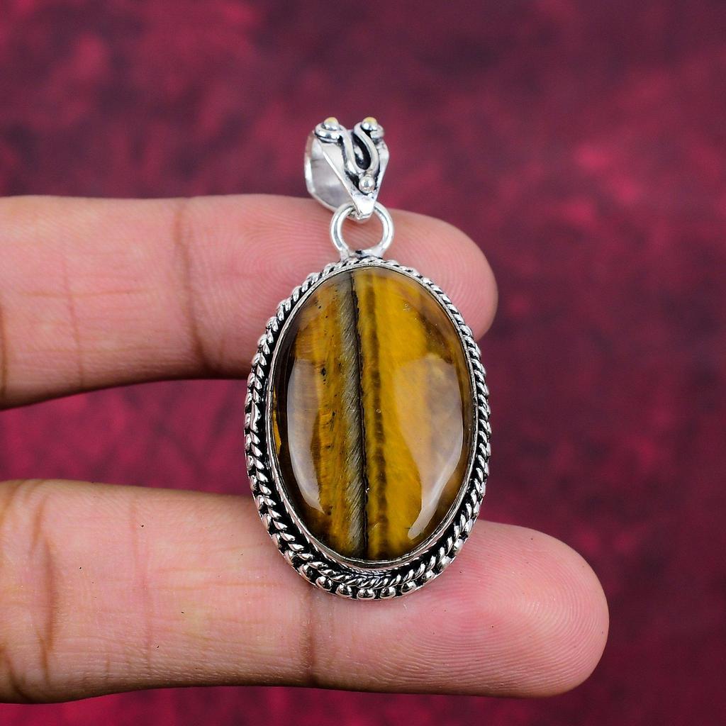 Твердый кулон из стерлингового серебра 925 пробы с тигровым глазом, кулон из драгоценного камня ручной работы, подарок для мамы, антикварные ювелирные изделия