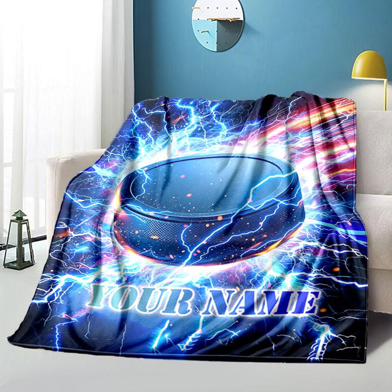 1PC Custom Name Electric Hockey Power flannel blanket versatile, all-season throw suitable for the living room, bedroom, camping, travel, and gift