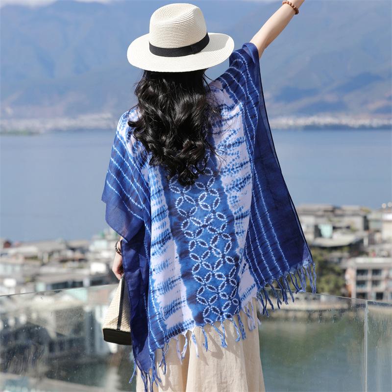 Four Season Imitation Tie Dye Printed Ethnic Style Scarf, Women'S Retro Famous Ethnic Style Blue And White Porcelain Sunscreen Cloak, Large Shawl