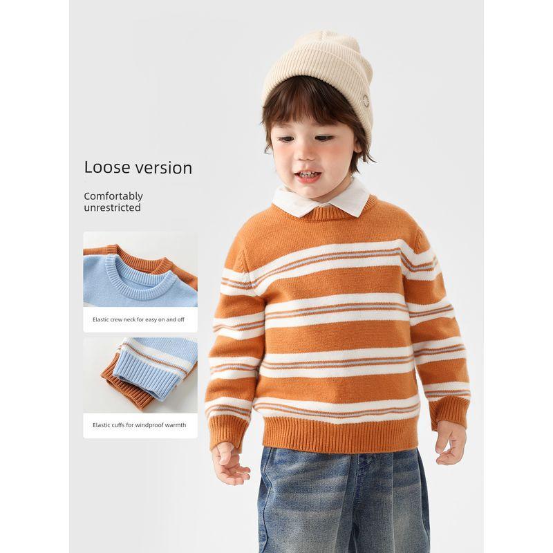 Right European Style Boys' Winter Casual Round-Neck Striped Sweater 2025 Winter New Knit Top Children's Clothing
