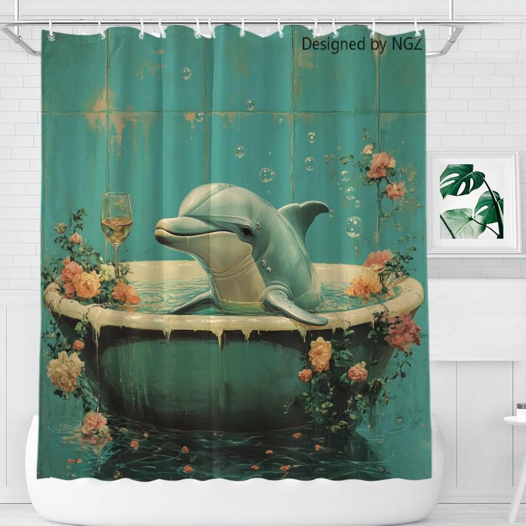 Funny Teal Dolphins Shower Curtain, fresh green  style, lovely ocean dolphin print, premium waterproof polyester fabric