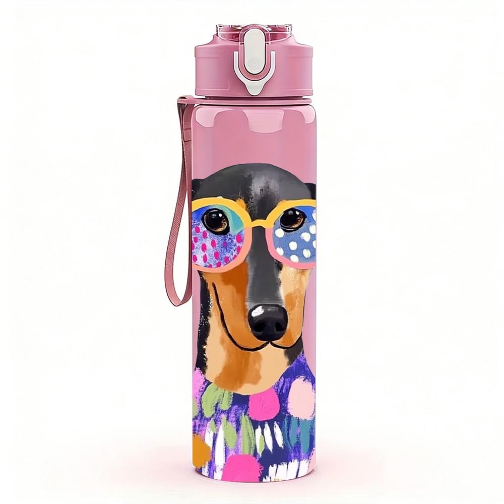 1PC Sunglass Dachshund Dog 750ml Color Plastic Sports Water Bottle Leakproof Flip Straw Lid Suitable for Sports Office Home Use